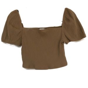 Puff Sleeve Tan Ribbed Shirt Medium